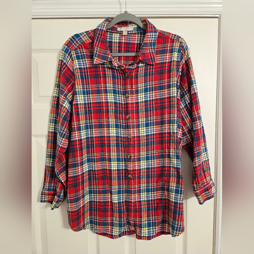 Woman Within Multicolor Red Cotton Plaid Shirt Button Front Size 18/20